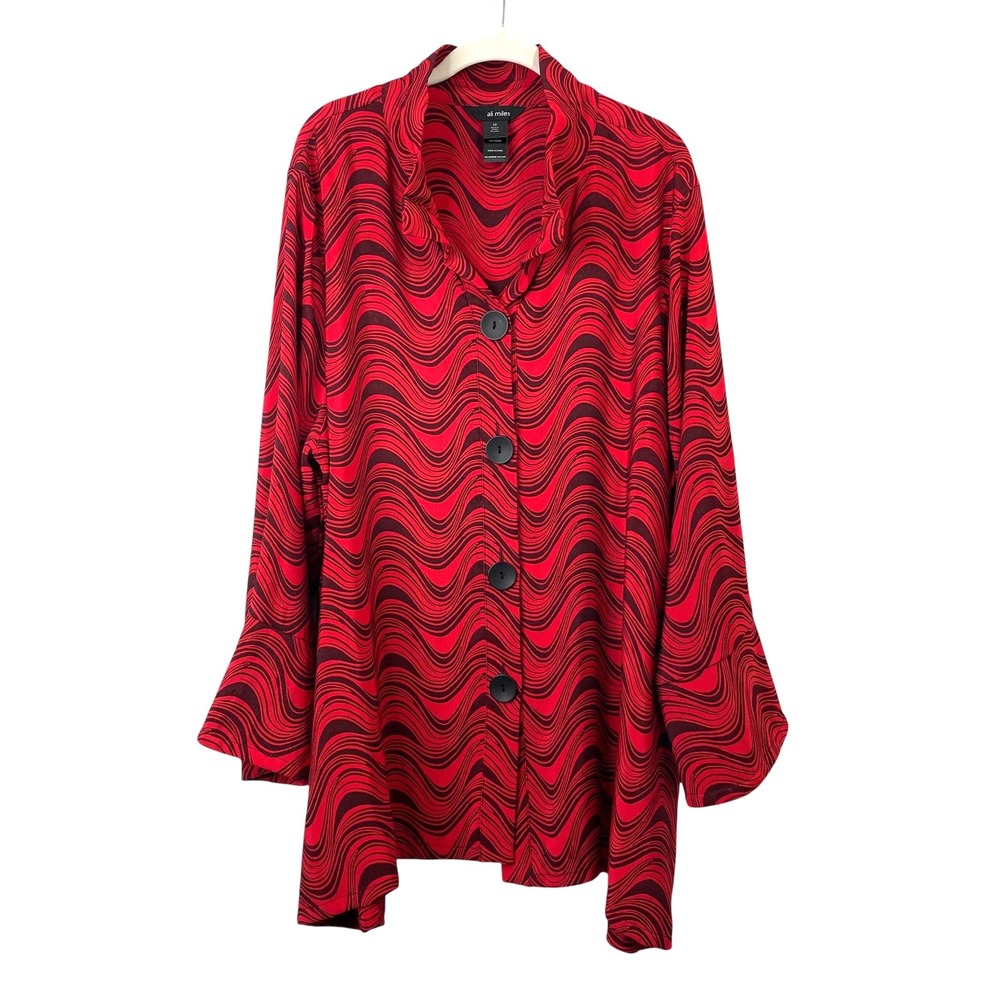 Ali Miles‎ abstract waves button up blazer shirt Size 3X red black art to wear